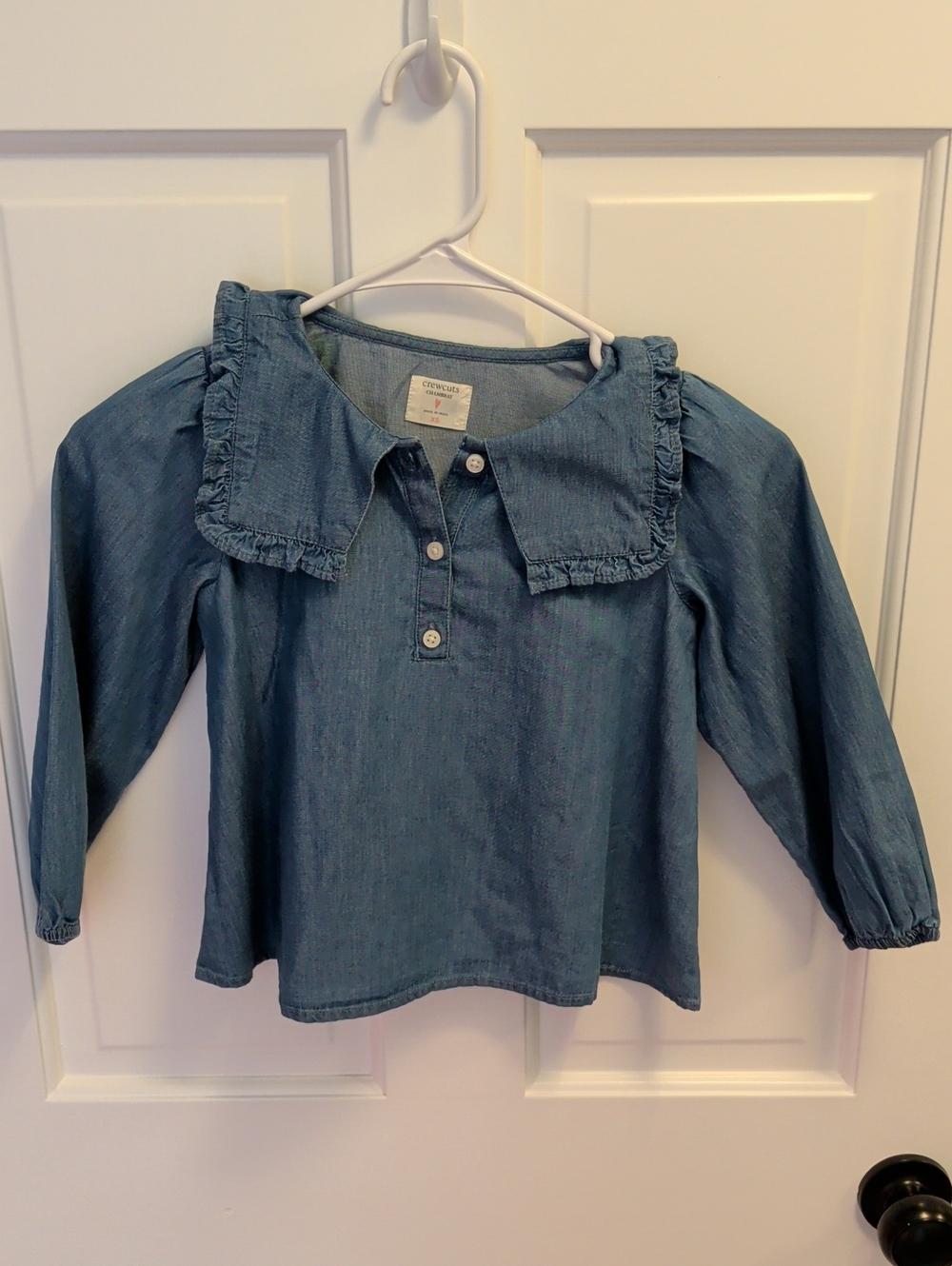 Crewcuts Girls' Denim-Look Ruffled Collar Top in Blue